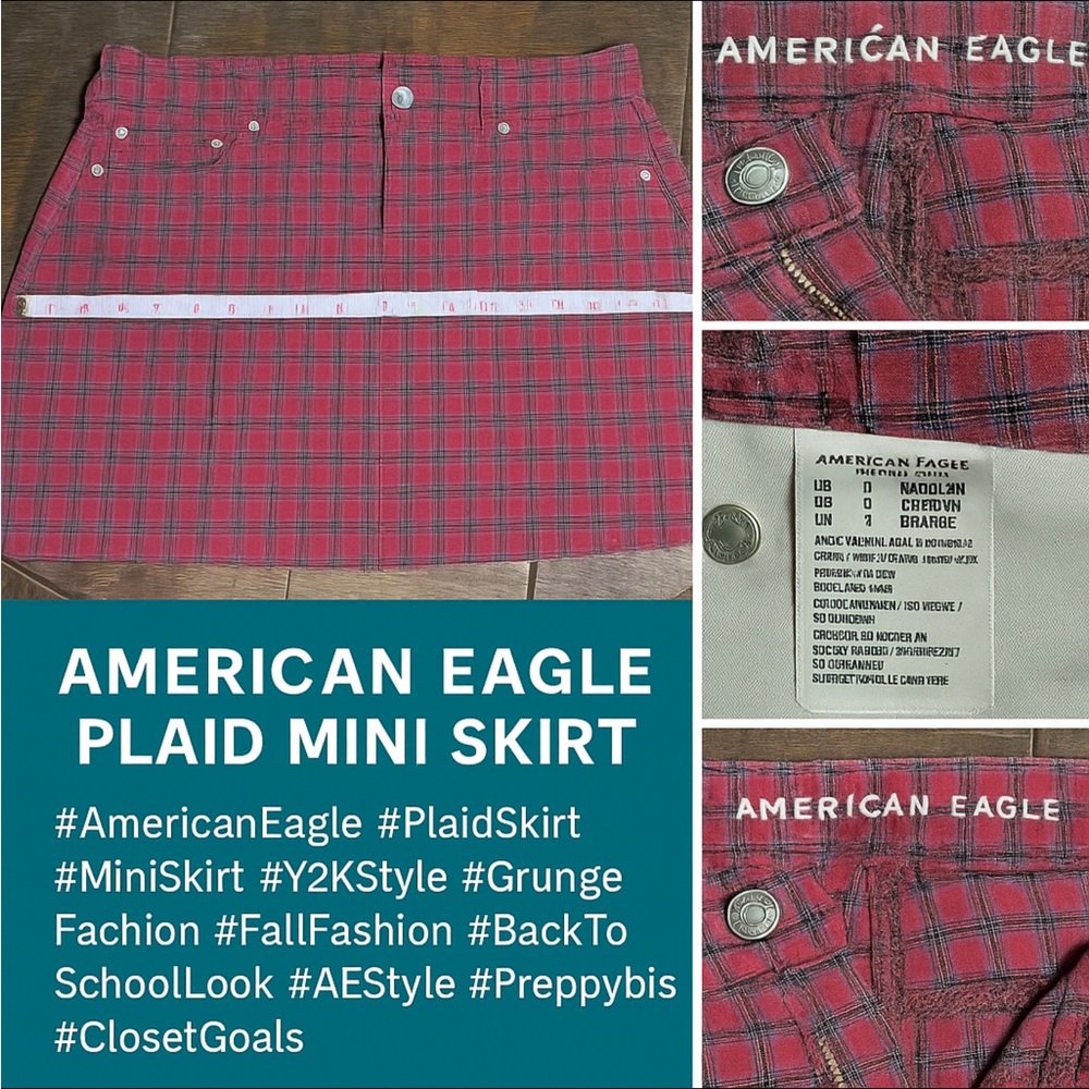 American Eagle Plaid Mini Skirt Red Size 0 Stretch Zip Front Y2K Grunge